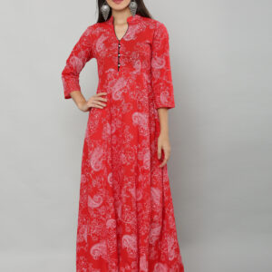 EZIS FASHION Women's Cotton Milk Print 3/4 Sleeve Anarkali Dress |RED| EZIS-A284