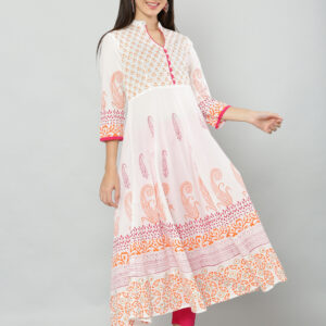 EZIS FASHION Women's Cotton Milk Print 3/4 Sleeve Anarkali Dress |CREAM | EZIS-A283